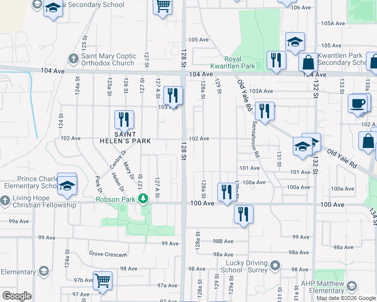 map of restaurants, bars, coffee shops, grocery stores, and more near 10158 128 Street in Surrey