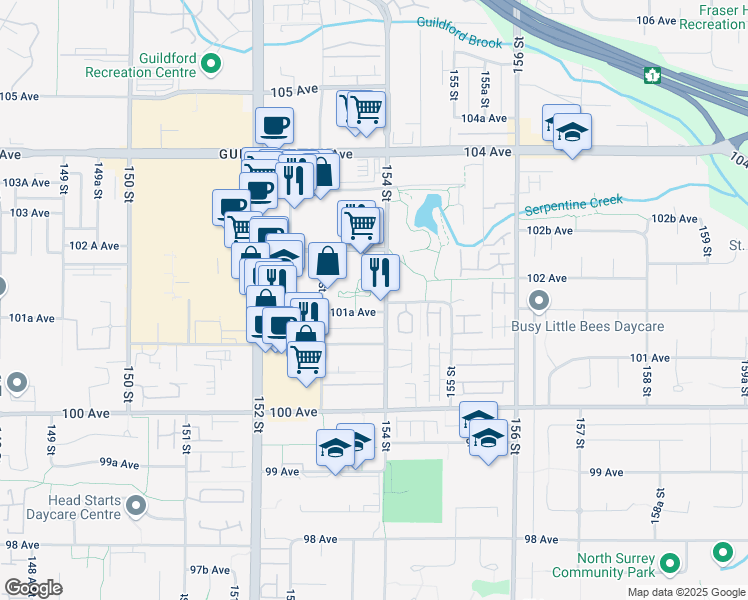map of restaurants, bars, coffee shops, grocery stores, and more near 15385 101A Avenue in Surrey