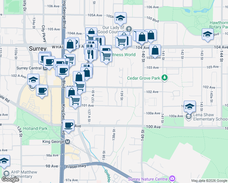 map of restaurants, bars, coffee shops, grocery stores, and more near 13858 102 Avenue in Surrey