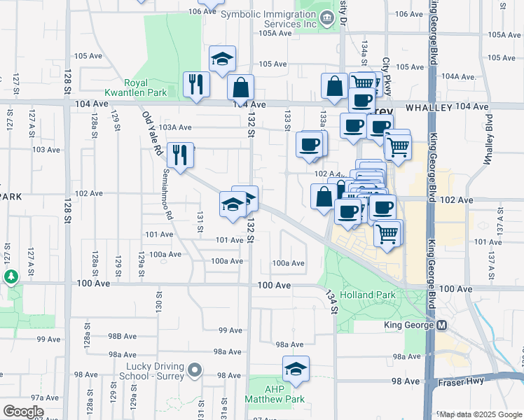 map of restaurants, bars, coffee shops, grocery stores, and more near in Surrey