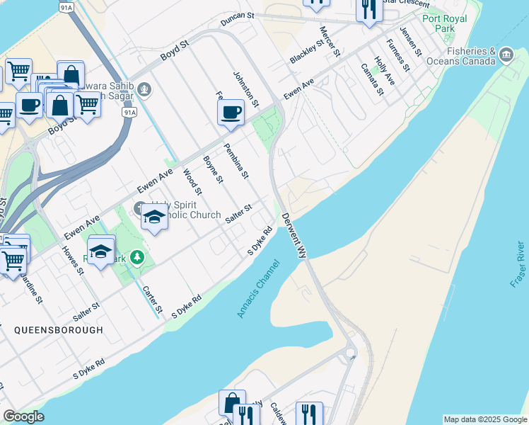 map of restaurants, bars, coffee shops, grocery stores, and more near 24 Pembina Street in New Westminster