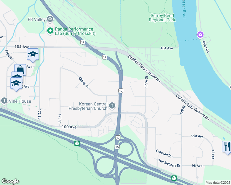 map of restaurants, bars, coffee shops, grocery stores, and more near 17585 Abbey Drive in Surrey