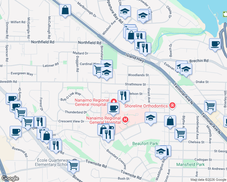 map of restaurants, bars, coffee shops, grocery stores, and more near 1272 Nelson Street in Nanaimo