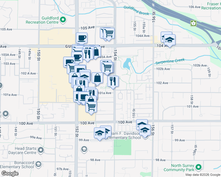 map of restaurants, bars, coffee shops, grocery stores, and more near 15385 101A Avenue in Surrey