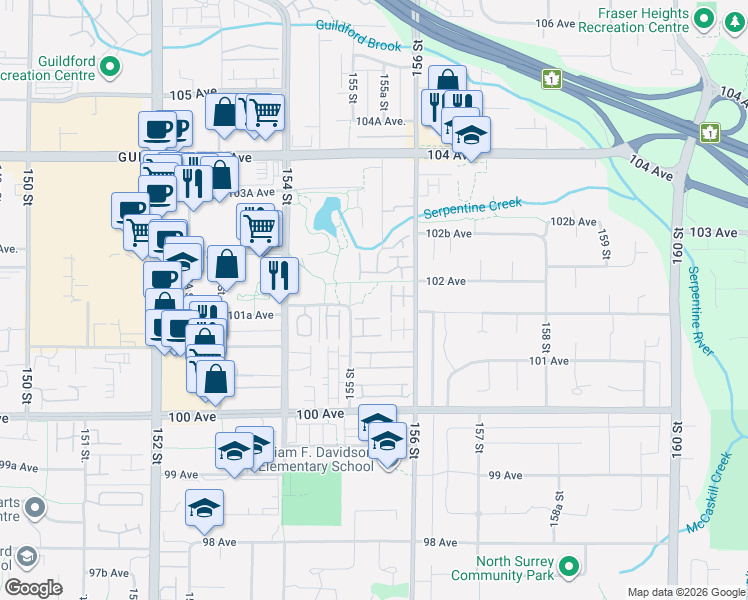 map of restaurants, bars, coffee shops, grocery stores, and more near 10188 155 Street in Surrey