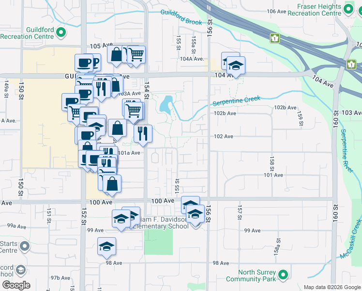 map of restaurants, bars, coffee shops, grocery stores, and more near 10188 155 Street in Surrey
