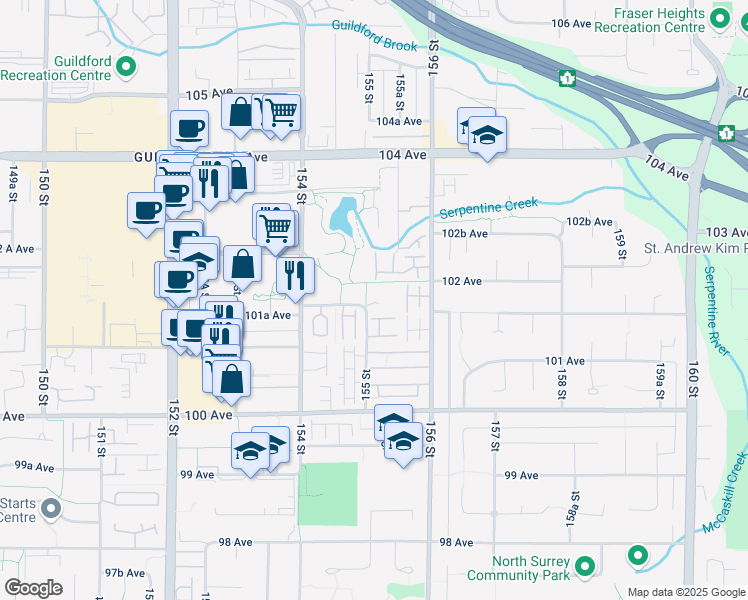 map of restaurants, bars, coffee shops, grocery stores, and more near 10188 155 Street in Surrey