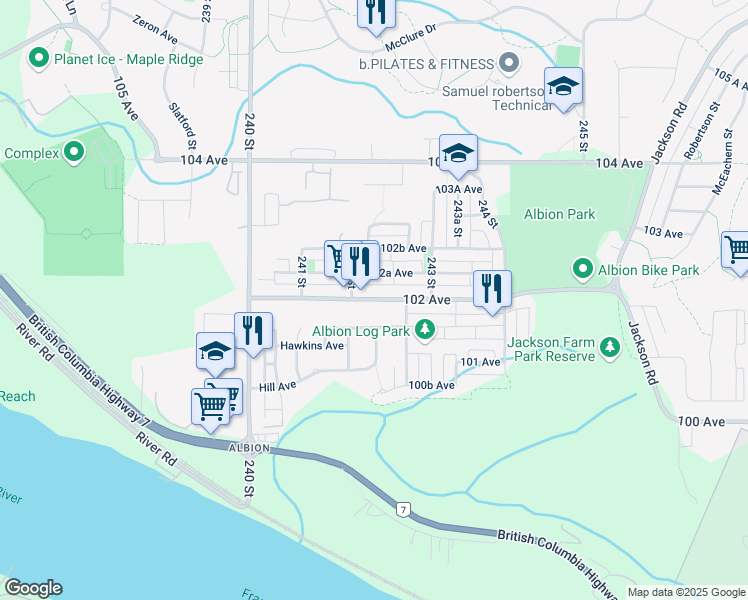map of restaurants, bars, coffee shops, grocery stores, and more near 24200 102 Avenue in Maple Ridge