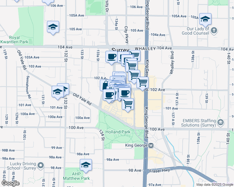 map of restaurants, bars, coffee shops, grocery stores, and more near 13450 102 Avenue in Surrey