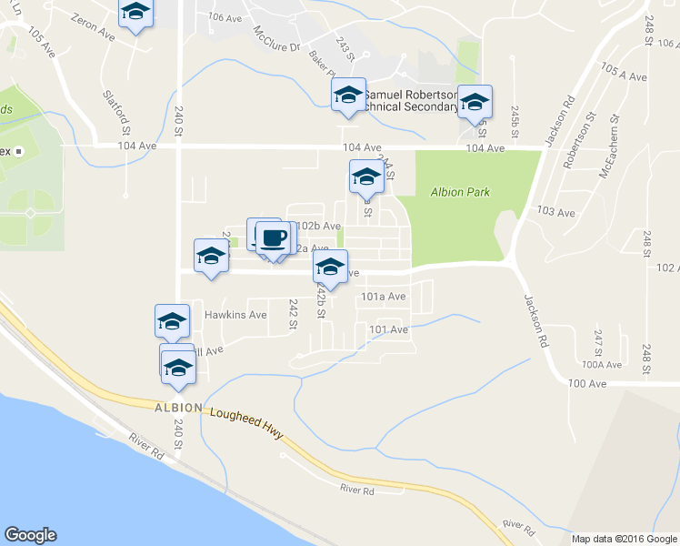 map of restaurants, bars, coffee shops, grocery stores, and more near 24330 102 Avenue in Maple Ridge