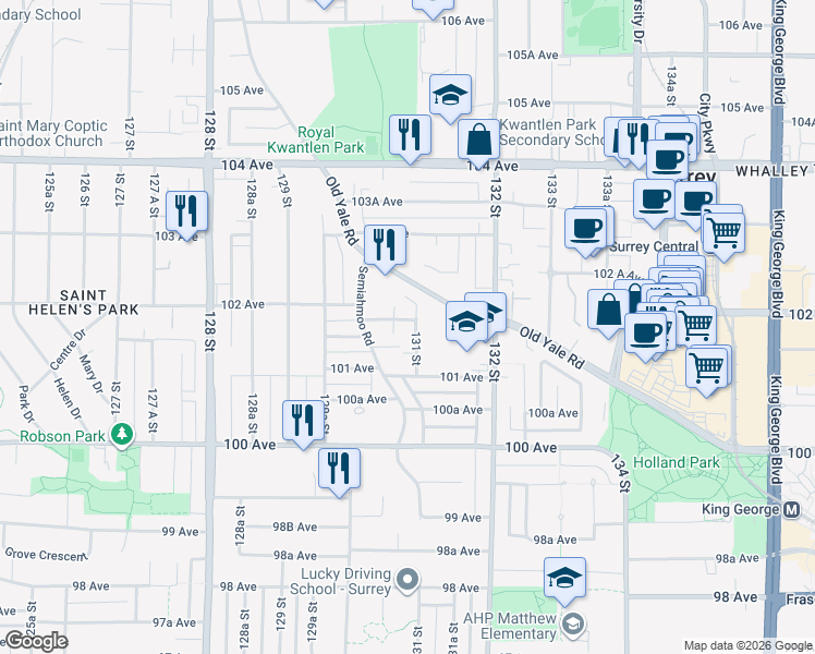 map of restaurants, bars, coffee shops, grocery stores, and more near 13080 101B Avenue in Surrey