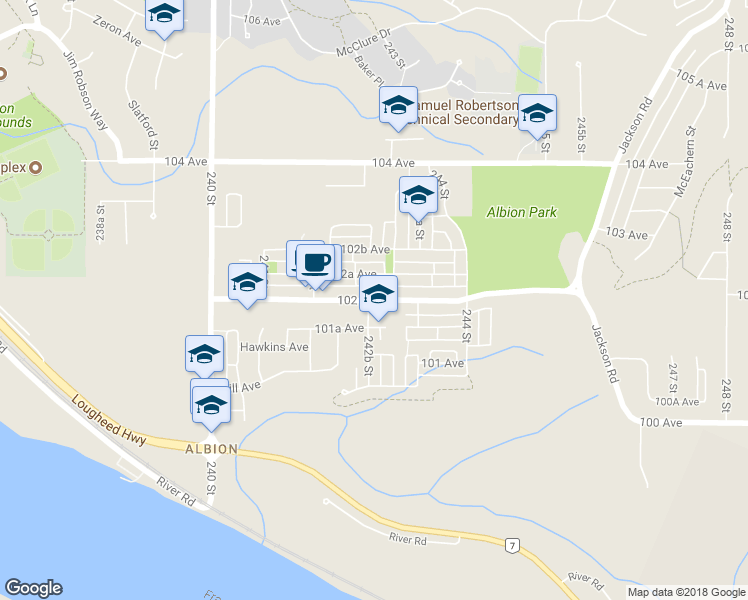 map of restaurants, bars, coffee shops, grocery stores, and more near 24277 102 Avenue in Maple Ridge