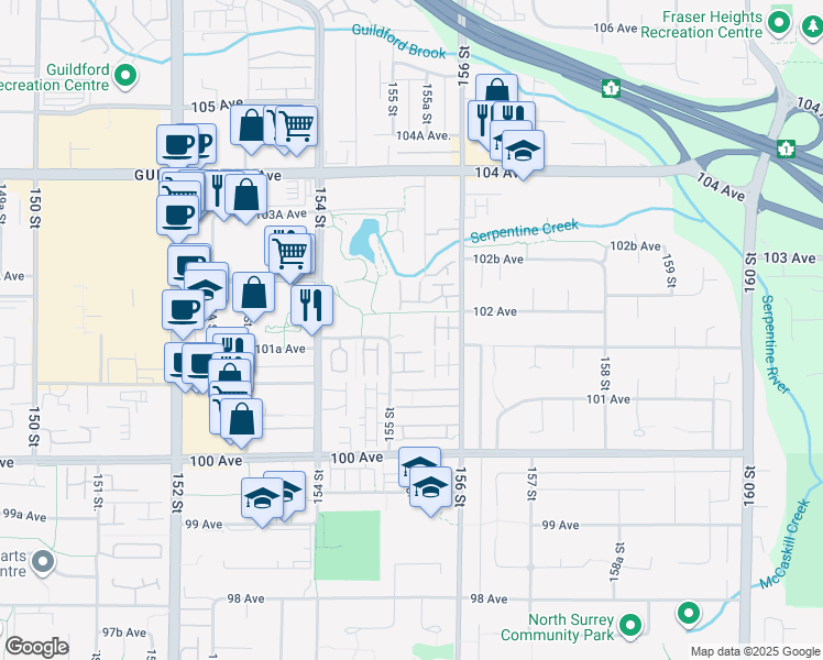 map of restaurants, bars, coffee shops, grocery stores, and more near 10186 155 Street in Surrey
