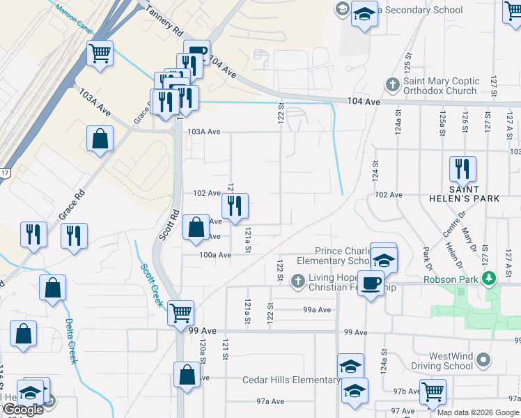 map of restaurants, bars, coffee shops, grocery stores, and more near 12182 101B Avenue in Surrey