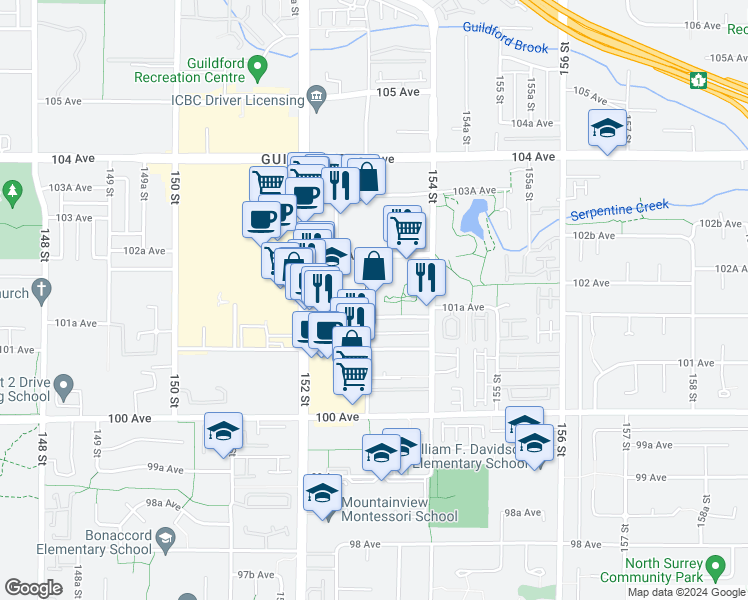 map of restaurants, bars, coffee shops, grocery stores, and more near 10180 153 Street in Surrey