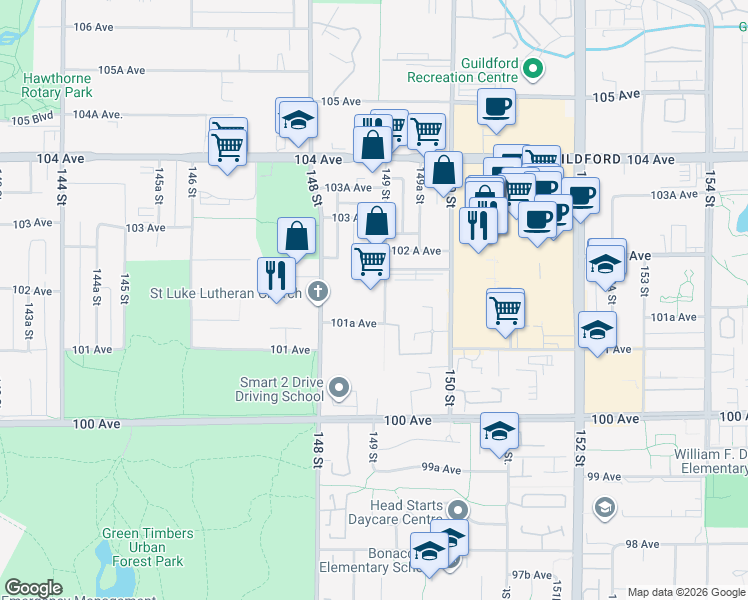 map of restaurants, bars, coffee shops, grocery stores, and more near 10181 149 Street in Surrey