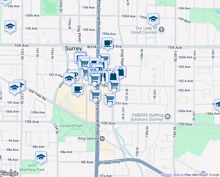 map of restaurants, bars, coffee shops, grocery stores, and more near 13650 102 Avenue in Surrey