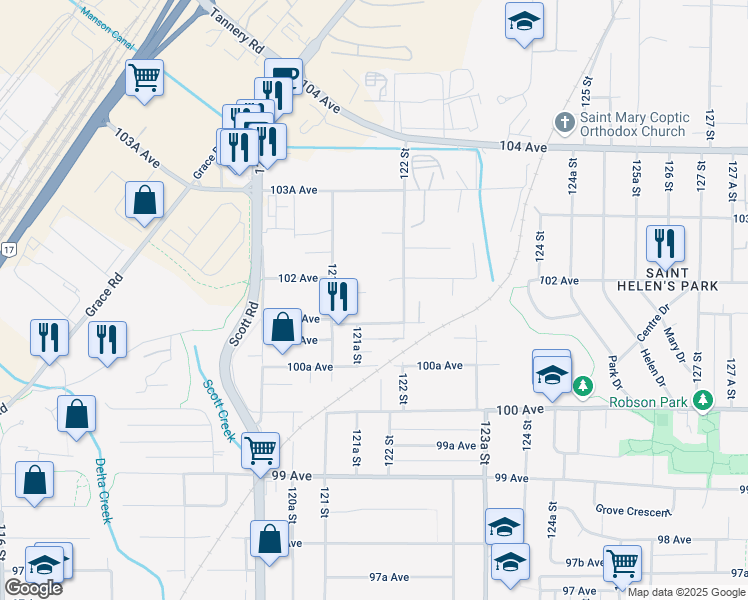 map of restaurants, bars, coffee shops, grocery stores, and more near 12182 101B Avenue in Surrey