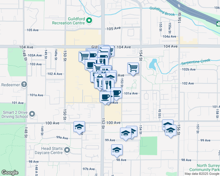 map of restaurants, bars, coffee shops, grocery stores, and more near 10183 152A Street in Surrey