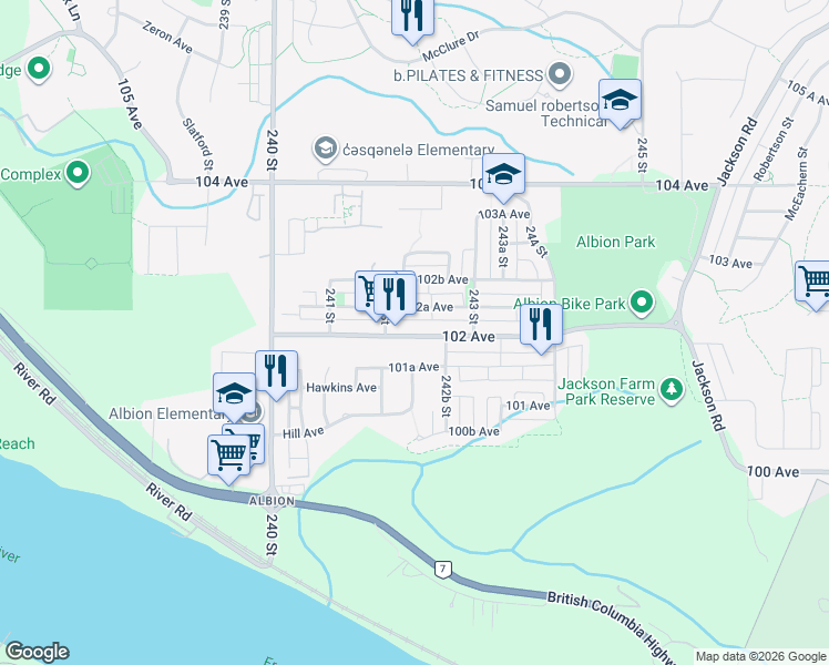 map of restaurants, bars, coffee shops, grocery stores, and more near in Maple Ridge