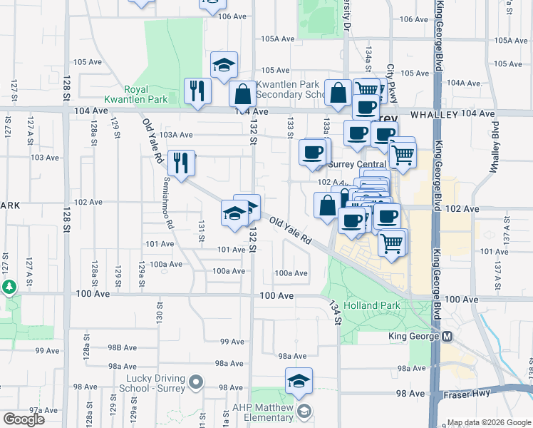map of restaurants, bars, coffee shops, grocery stores, and more near in Surrey
