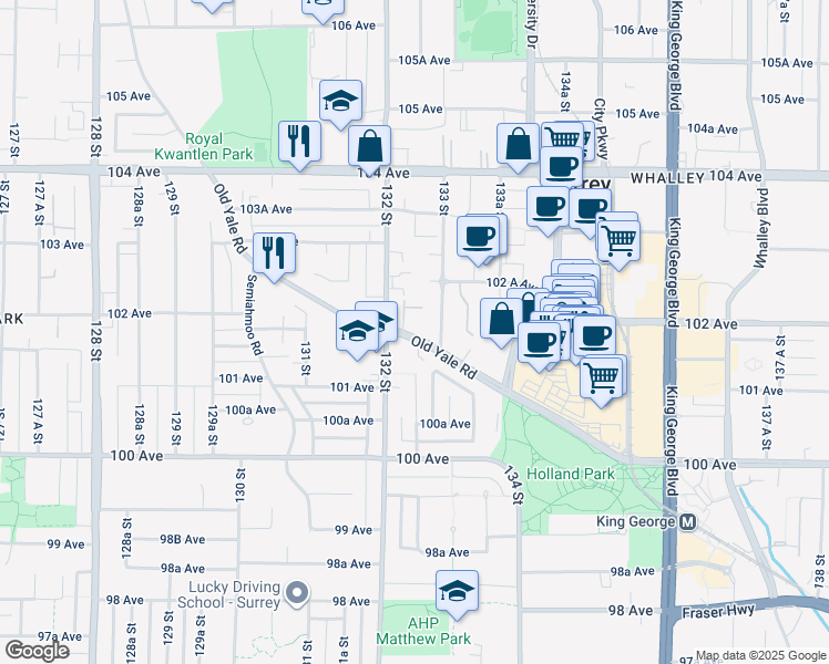 map of restaurants, bars, coffee shops, grocery stores, and more near 10198 132 Street in Surrey
