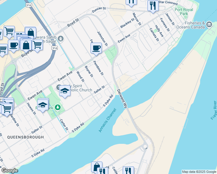 map of restaurants, bars, coffee shops, grocery stores, and more near 160 Pembina Street in New Westminster