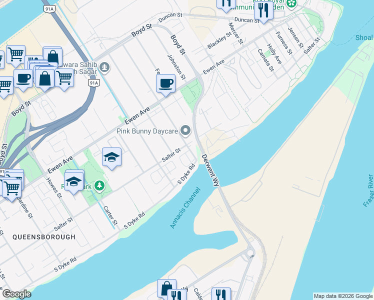 map of restaurants, bars, coffee shops, grocery stores, and more near 160 Pembina Street in New Westminster