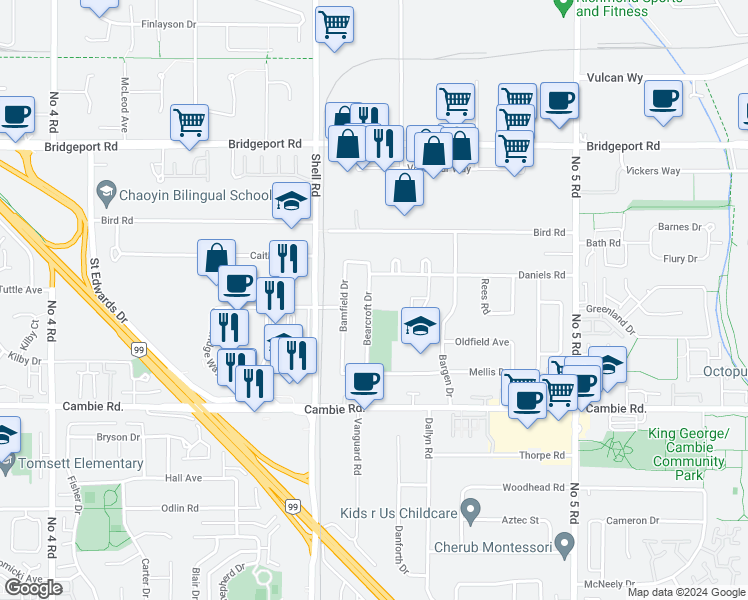 map of restaurants, bars, coffee shops, grocery stores, and more near 3580 Bearcroft Drive in Richmond