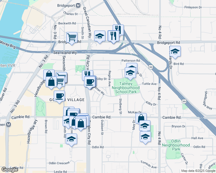map of restaurants, bars, coffee shops, grocery stores, and more near 3471 Regina Avenue in Richmond