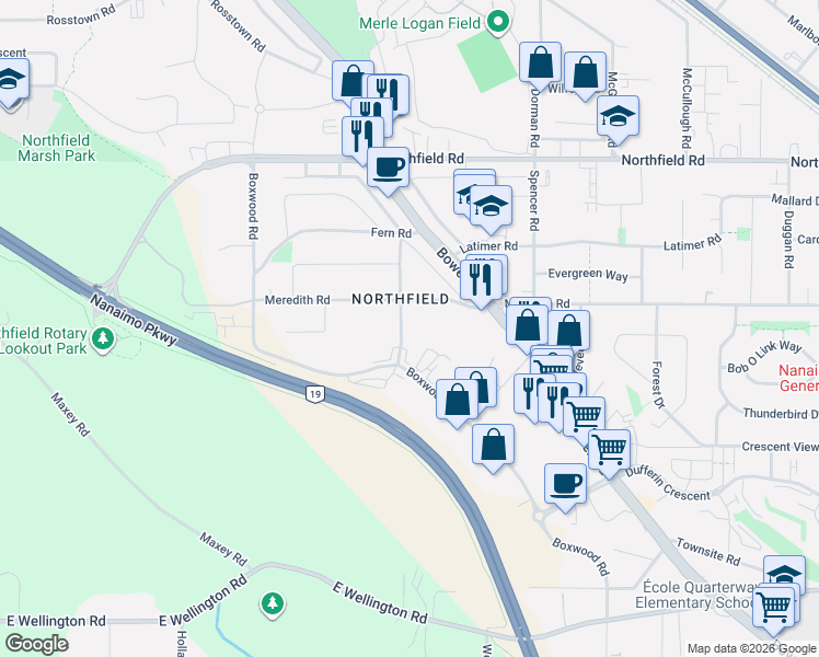 map of restaurants, bars, coffee shops, grocery stores, and more near 1900 Tulsa Road in Nanaimo