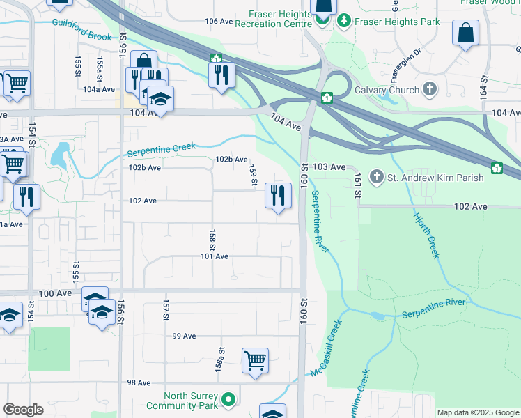 map of restaurants, bars, coffee shops, grocery stores, and more near 10172 159 Street in Surrey