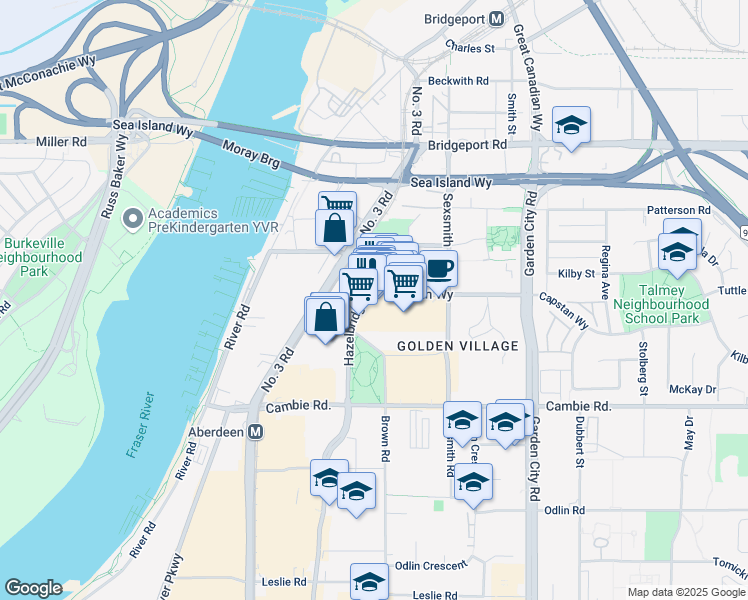 map of restaurants, bars, coffee shops, grocery stores, and more near 8300 Capstan Way in Richmond