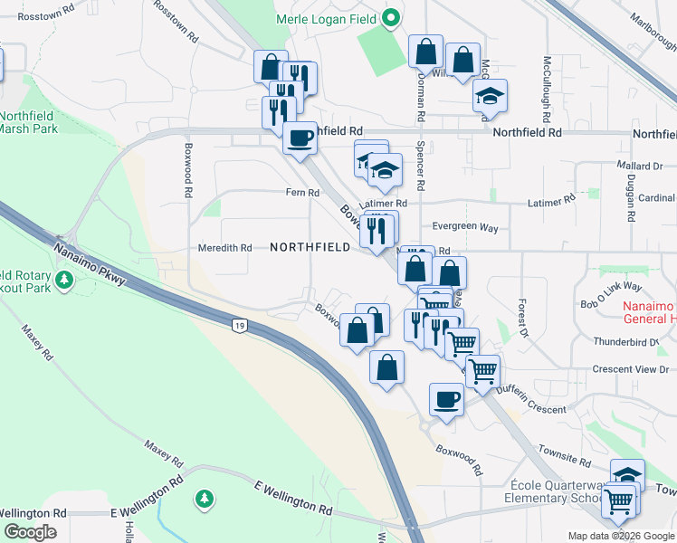 map of restaurants, bars, coffee shops, grocery stores, and more near 2117 Meredith Road in Nanaimo