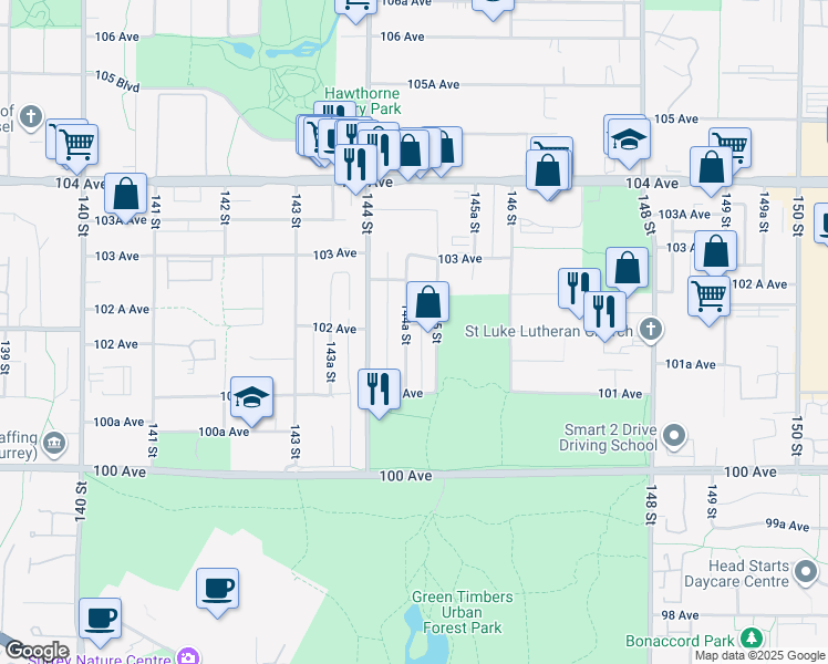 map of restaurants, bars, coffee shops, grocery stores, and more near 10186 144A Street in Surrey