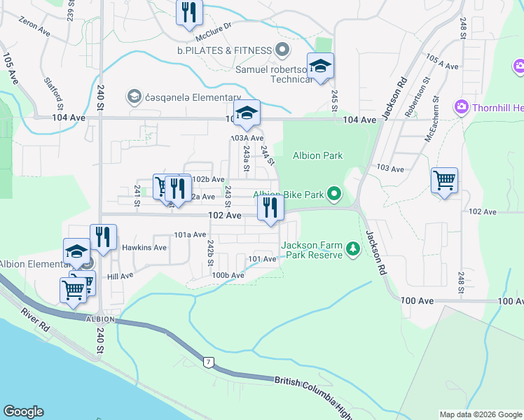 map of restaurants, bars, coffee shops, grocery stores, and more near 24367 102 Avenue in Maple Ridge