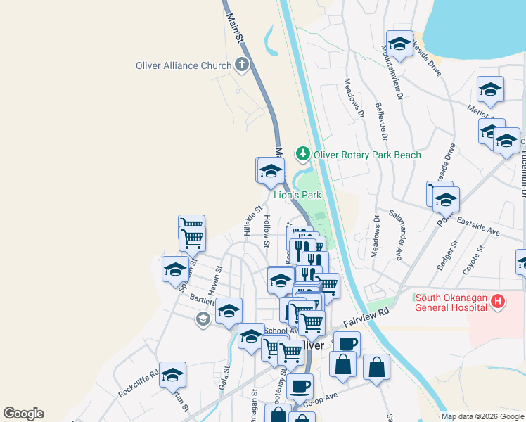 map of restaurants, bars, coffee shops, grocery stores, and more near 6574 Hollow Street in Oliver