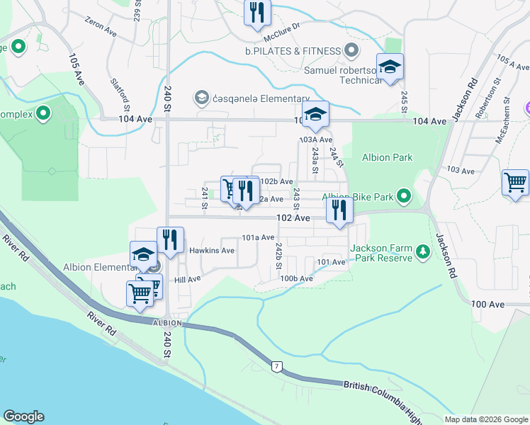 map of restaurants, bars, coffee shops, grocery stores, and more near 24235 102 Avenue in Maple Ridge