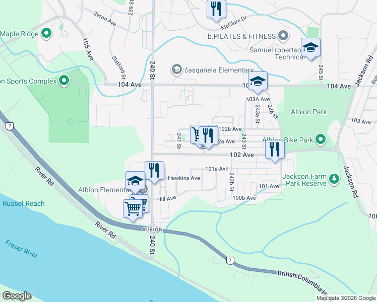 map of restaurants, bars, coffee shops, grocery stores, and more near 24113 102 Avenue in Maple Ridge