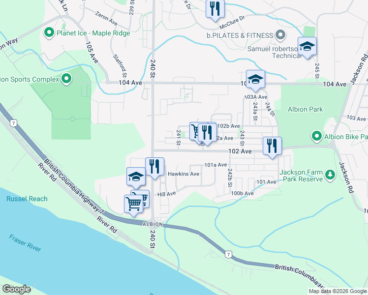 map of restaurants, bars, coffee shops, grocery stores, and more near 24107 102 Avenue in Maple Ridge