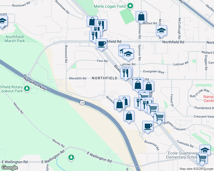 map of restaurants, bars, coffee shops, grocery stores, and more near 2151 Meredith Road in Nanaimo