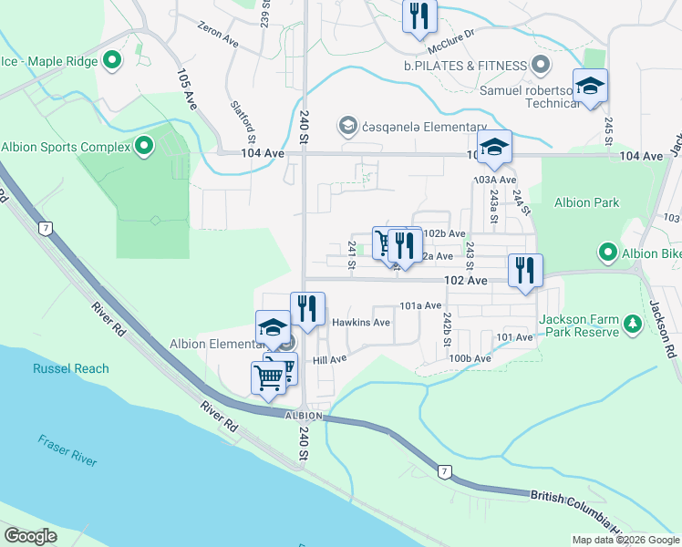 map of restaurants, bars, coffee shops, grocery stores, and more near 24073 102 Avenue in Maple Ridge