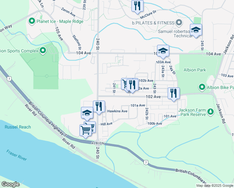 map of restaurants, bars, coffee shops, grocery stores, and more near 24105 102 Avenue in Maple Ridge