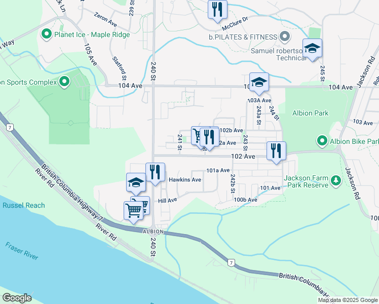 map of restaurants, bars, coffee shops, grocery stores, and more near 24113 102 Avenue in Maple Ridge