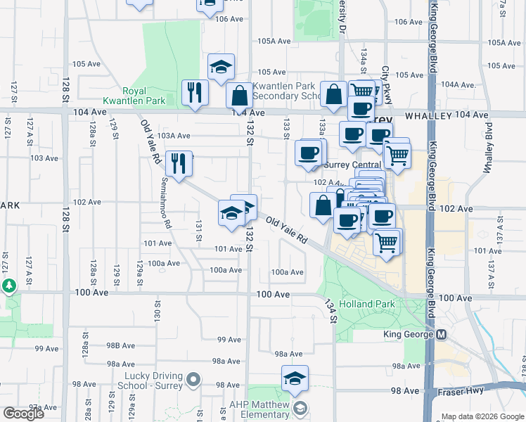 map of restaurants, bars, coffee shops, grocery stores, and more near in Surrey