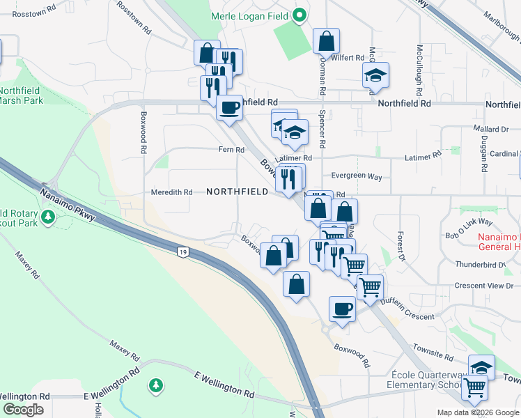 map of restaurants, bars, coffee shops, grocery stores, and more near 2151 Meredith Road in Nanaimo