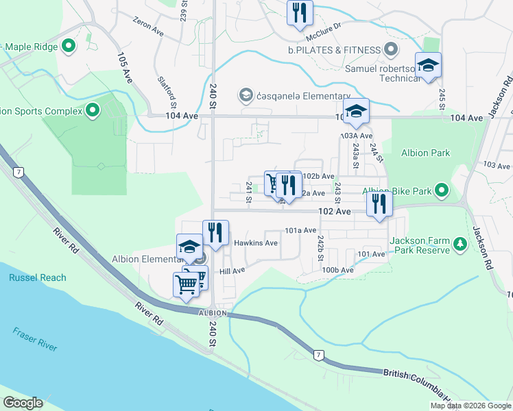 map of restaurants, bars, coffee shops, grocery stores, and more near in Maple Ridge