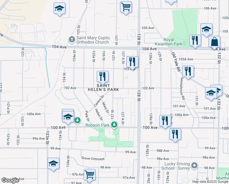 map of restaurants, bars, coffee shops, grocery stores, and more near 10184 127 Street in Surrey