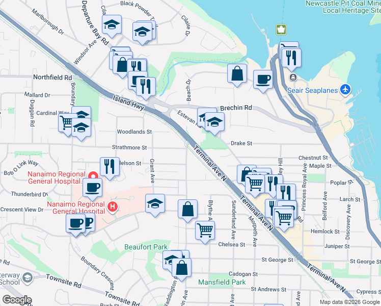 map of restaurants, bars, coffee shops, grocery stores, and more near 1790 Waddington Road in Nanaimo
