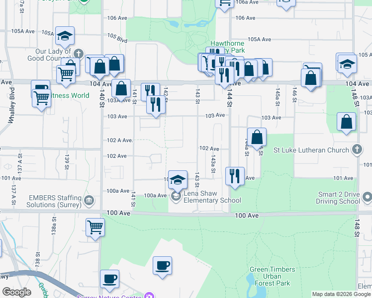 map of restaurants, bars, coffee shops, grocery stores, and more near 10196 142A Street in Surrey